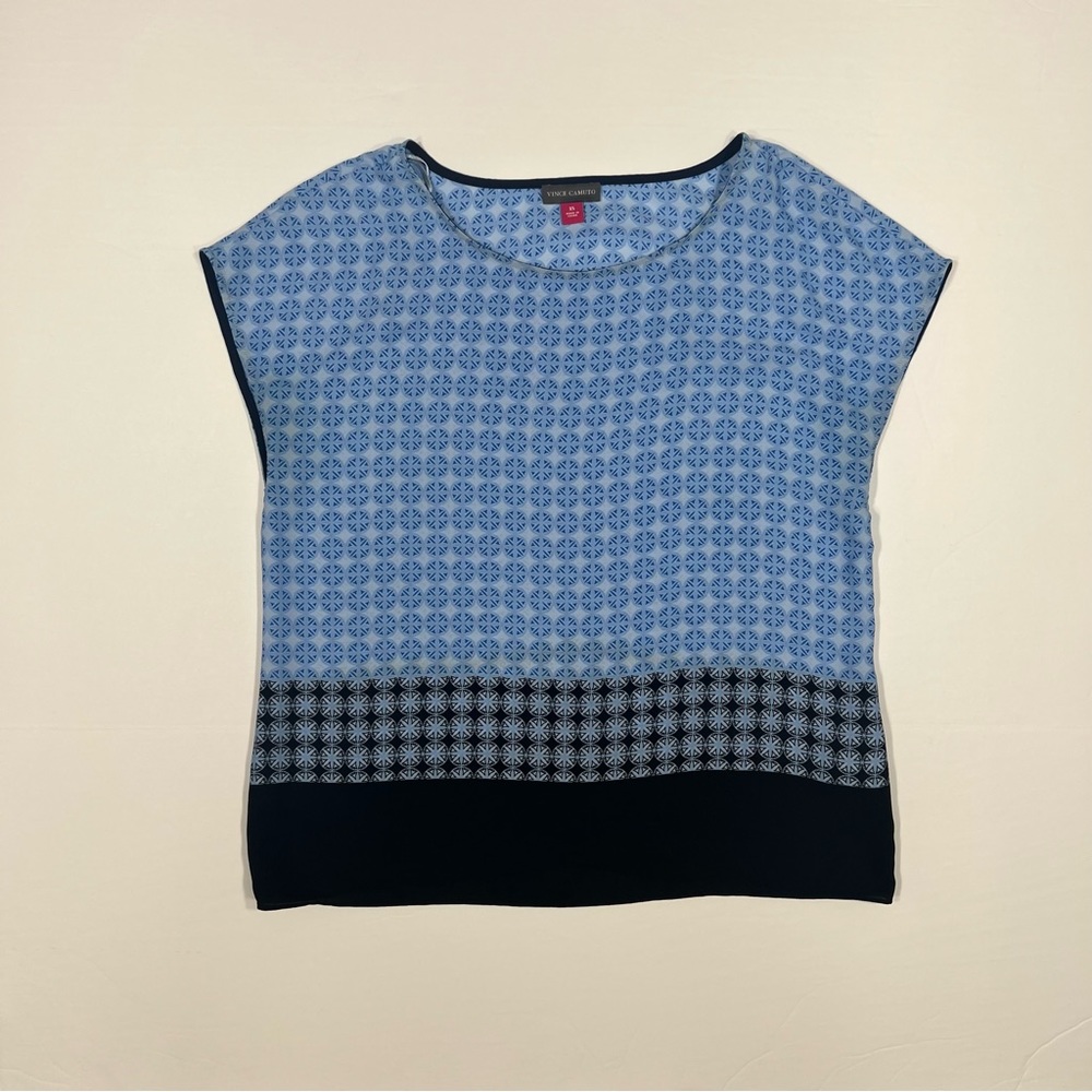 Vince Camuto Blue/Black Sleeveless Extended Shoulder Tile Print Blouse Womens XS